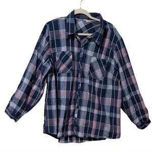 Krazy Kat cotton blouse women's size 3X Navy plaid casual button front